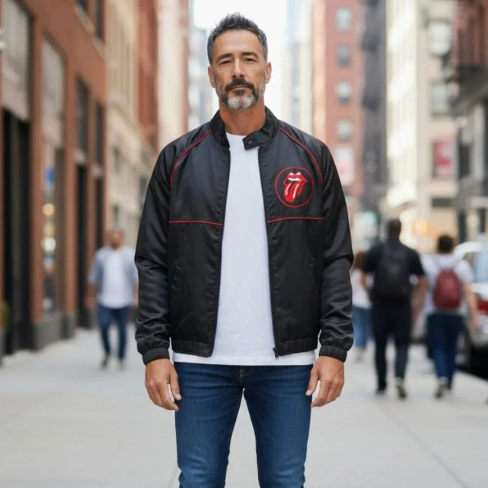 Vintage 80’s Roadie Rolling Stones Bomber Jacket Black Satin Tongue Logo Rocker